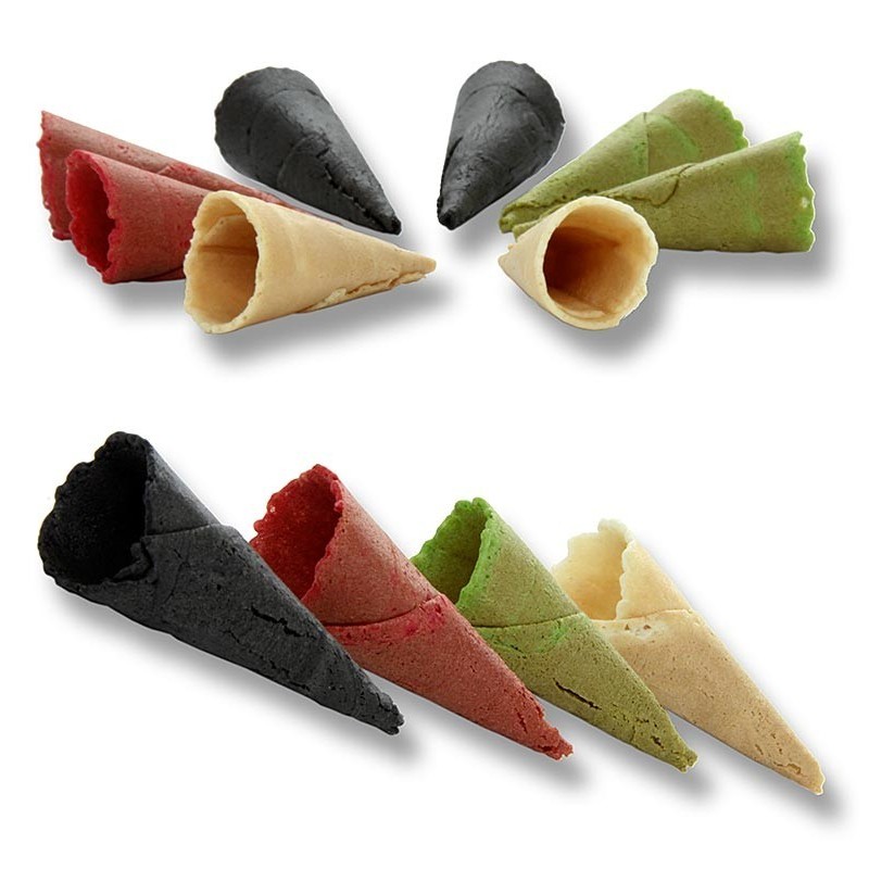 Mini rożki - wafelki, neutralne w smaku, mix kolorowy: naturalne, czerwone,zielone,czarne, średnica 3cm, dł 7 cm, 96 sztuk Mini rożki - wafelki, neutralne w smaku, mix kolorowy: naturalne, czerwone,zielone,czarne, średnica 3cm, dł 7 cm, 96 sztuk